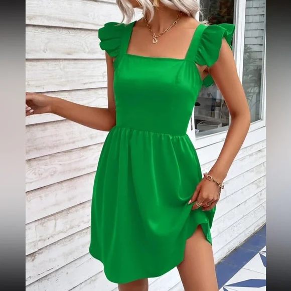 Square Neck Zip Back Ruffle Trim Dress boho kelly green - Picture 1 of 7